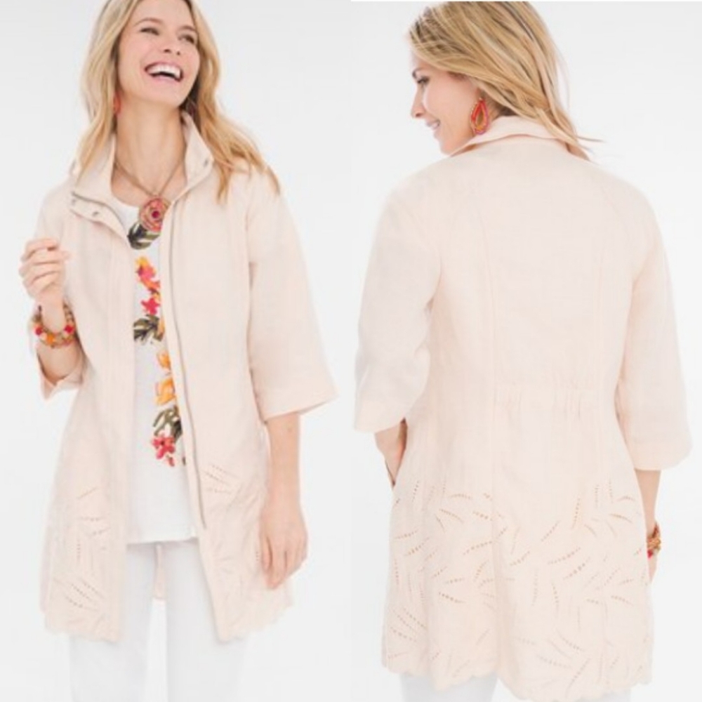 Chicos Eyelet Linen Jacket Pink Lace 3/4 Short Sleeve Zip 0